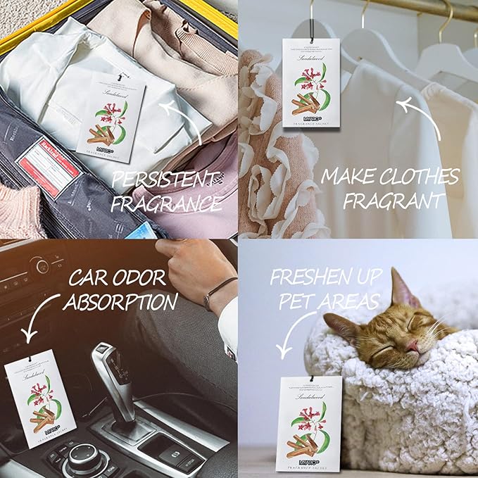 MYARO 12 Pack Sandalwood Scented Sachets for Drawer, Closet & Small Spaces Air Freshener Bags, Odor Eliminator for Clothes, Car, Wardrobe, Home Fragrance Gift Set