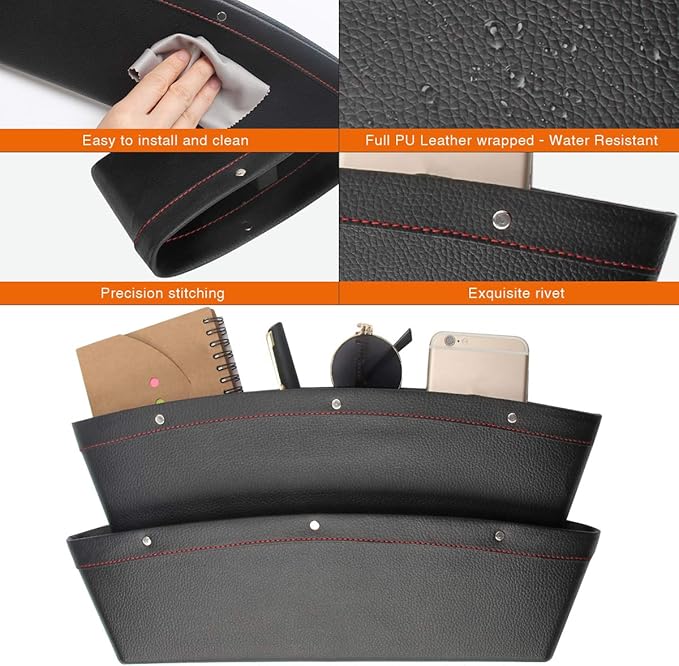 Coolrunner 2 Set Car Seat Gap Organizer, Car Seat Gap Filler, PU Full Leather Car Seat Crevice Storage Box Universal Fit in Between Car Seat Catcher for Phone Keys Cards Pens Coins(Black)