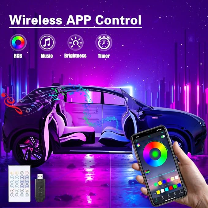Acrylic Interior Car Lights with Wireless APP/Remote/Button Control, 10 in 1 Dreamcolor USB Car Ambient Lighting Kit 16 Million Colors Neon Strip Accessories for Vehicle Truck Inside Decorations