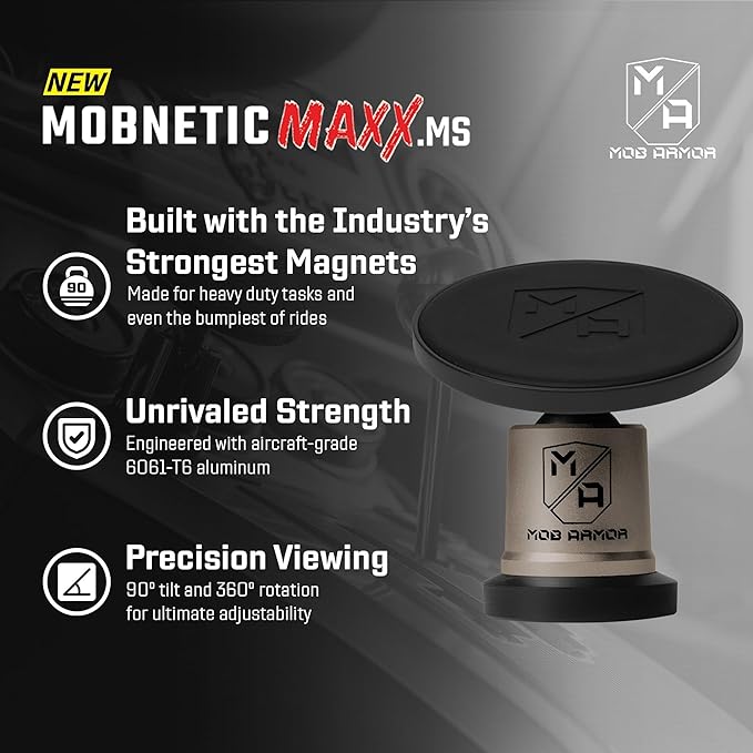 Mob Armor MobNetic Maxx MS - MagSafe Compatible Car Phone Mount w/ 90º Tilt, 360º Rotation & Durable Aluminum Build, Magnetic Holder for iPhone & Android Devices, USA Assembled - Gun Metal