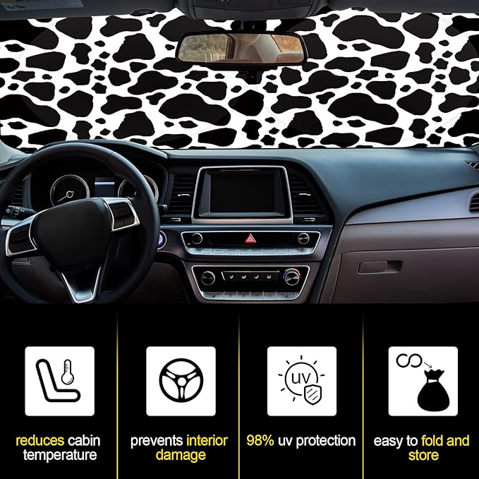 Windshield Sun Shade Foldable Car Front Window Covers for Car Accessories Sun Heat UV Rays Visor Protector Protection for Universal Cars SUV Truck(Cow Print)