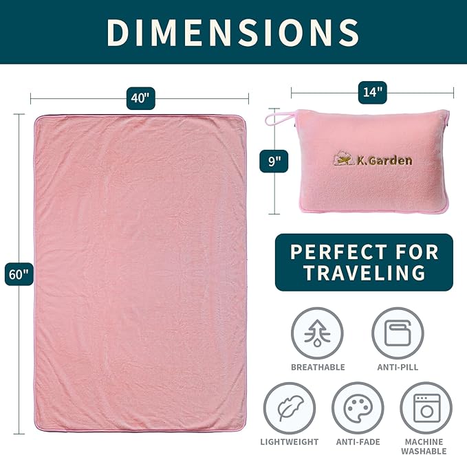 K.Garden Travel Cooling Blanket and Pillow- Soft 2 in 1 Airplane Compact Flight Essentials Car Pillow Travelers Gifts Accessories Compact Pack Blanket for Any Travel with Luggage Backpack Strap,Pink