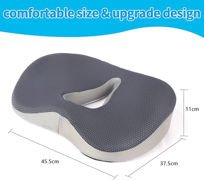 Memory Foam Seat Cushion, Pressure Relief Seat Cushion for Tailbone Pain, Anti-Skid Comfortable Hip Pillow, Support Cushion for Office Chair, Car, Wheelchair, Sciatica and Backache (Grey)