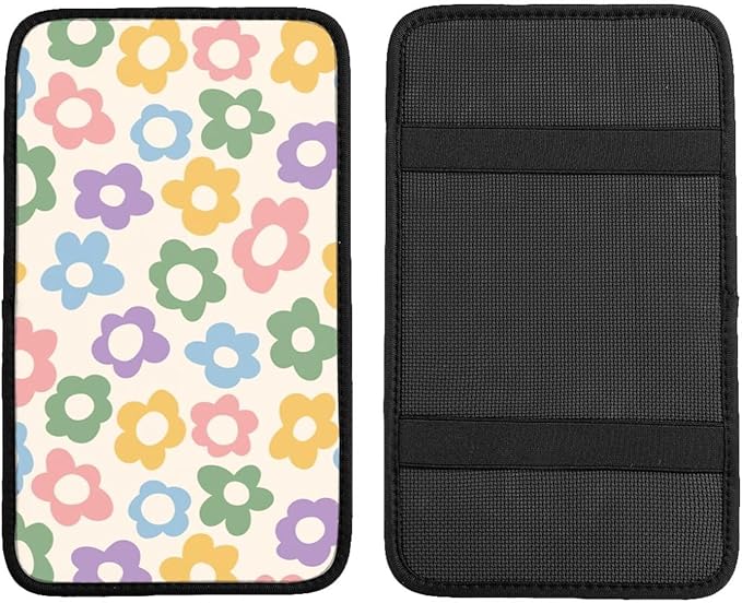 Vintage Groovy Flowers Cute Auto Center Console Cover Pad Car Armrest Seat Box Cover Cushion Universal for Most Vehicle SUV Truck Car Accessories Decor