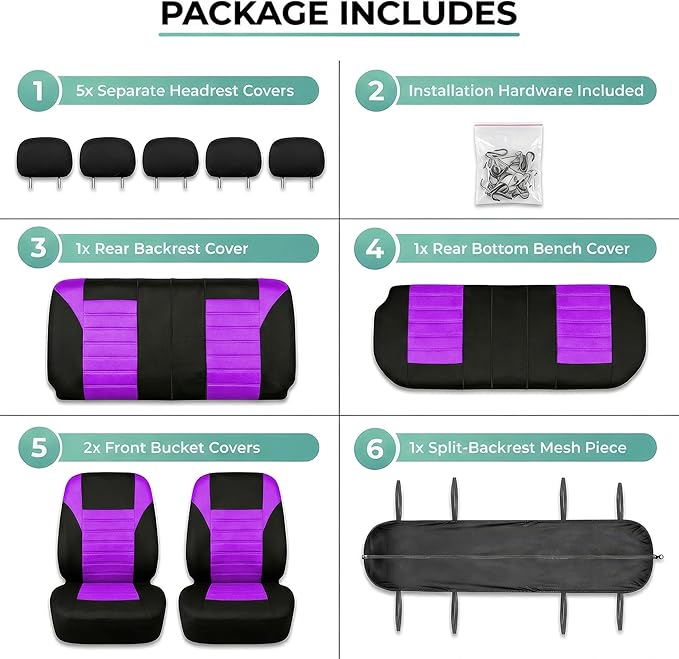 FH Group Automotive Car Seat Covers Full Set Premium 3D Air Mesh Front Seat Covers, Airbag Compatible & Split Bench Cover Universal Fit Interior Accessories for Cars Trucks and SUVs - Purple
