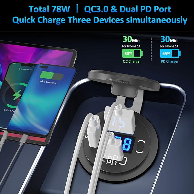 12V USB Outlet Qidoe USB C Car Charger Socket Dual PD 30W and 18W QC3.0 Port USB Car Socket with Voltmeter Button Switch Lengthened Waterproof USB Power Outlet for Car Boat Marine RV Vehicle