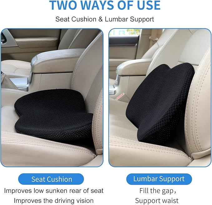 Car Seat Cushion for Car Seat Driver- Memory Foam Car Seat Cushions for Driving - Low Back & Tailbone Pain Relief Car Seat Pad (Black)