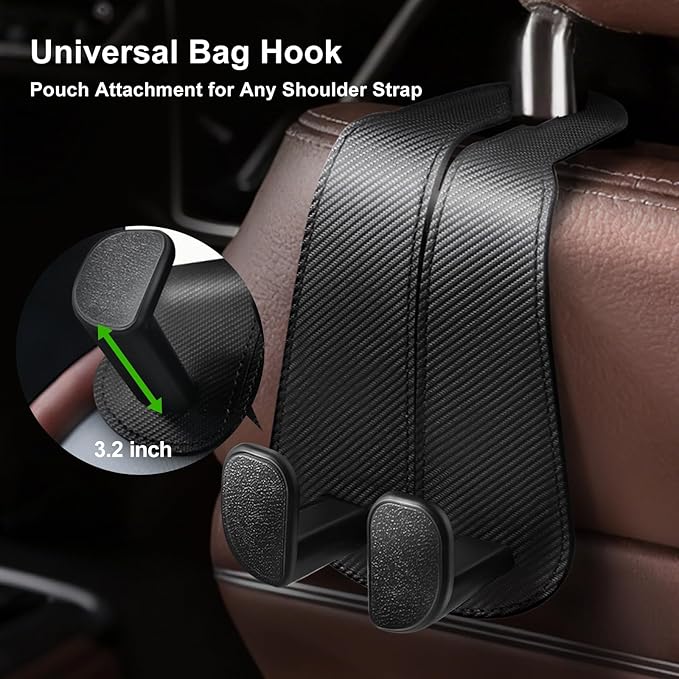 CoBak Extra Wide Car Seat Back Hooks, Premium Stitched Leather Headrest Hangers with Wide Slot Structure, Universal for Any-Width Purses, Handbags, Bags (2 Pack), Carbon Fiber Black