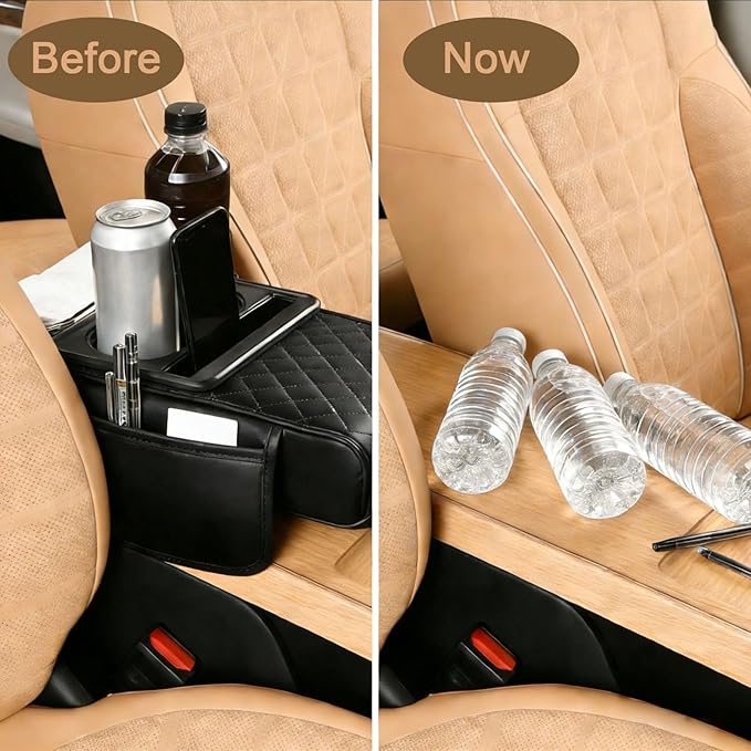 Car Armrest Cushion (Black) Multifunctional 5 in 1 Center Console Armrest Cushion with Storage Bag Cup/Phone Holder Tissue Box - Waterproof Car Interior Storage Device