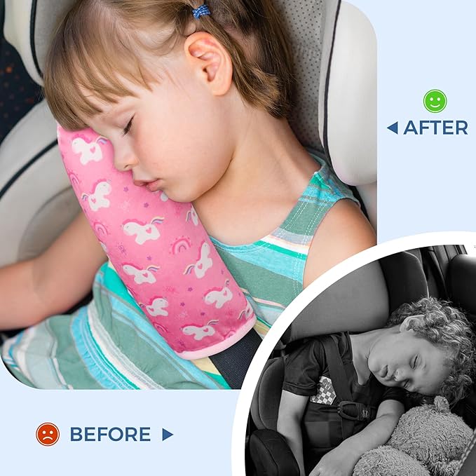 COOLBEBE Seat Belt Pillow for Kids, Extra Soft Toddler Travel Pillow for Car Seat, Universal Carseat Strap Cushion Pads for Childs Baby People Adults, Pink Unicorn