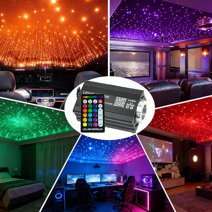 Starlight Headliner Kit 1000Pcs 0.03in*6.5ft*2m 16W RGBW Music/Voice APP/Remote Control Activated Star Lights for Car Fiber Optic Star Light for Car Roof Theater Game Bed Room Ceiling