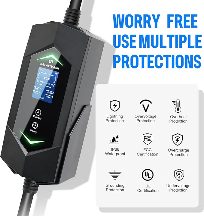 Level 2 Ev Charger for Tesla,40A 9.6KW Fast,NACS Ev Charger with 25ft ETL Listed Cord,6A-40A Adjustable Amps,Charging(110v-240v),NEMA 14-50 Plug,IP66 Waterproof Delay Timer LCD Display