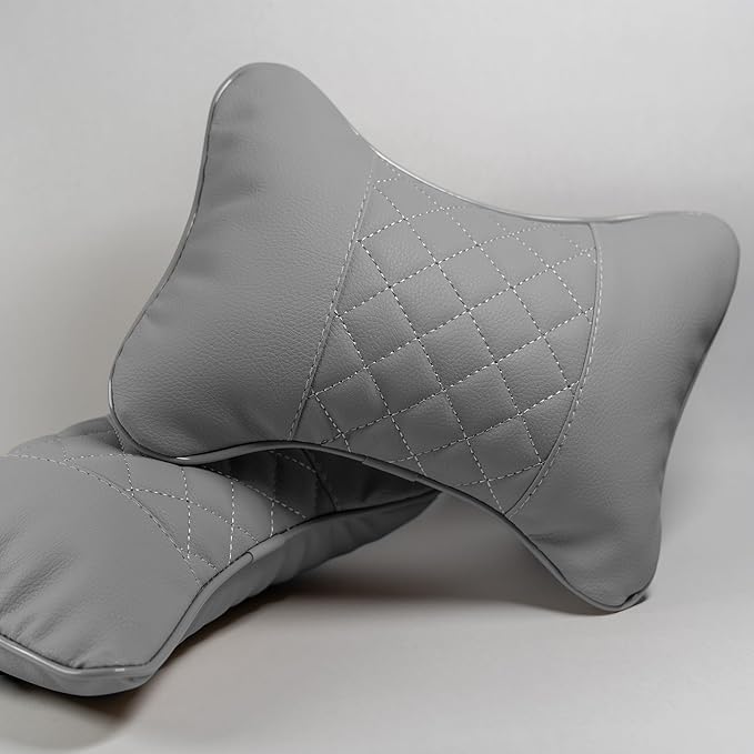 Set of 2 Quilted Faux Leather Car Headrest Pillow, Gray Case/Gray Threading, Ergonomic Neck Support for Comfortable Driving