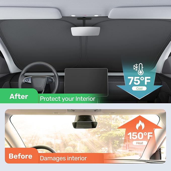 2025 Upgraded Zanch Car Front Windshield Sun Shade- Ultimate UV Protection & Heat Reduction|OEM Design|Innovative No Light Leakage Technology|Fit for Tesla Model Y Juniper