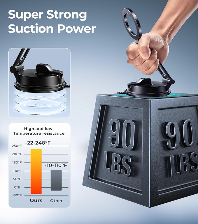 【Vacuum Suction Folding Car Mount】Magnetic Car Phone Holder for magsafe, Aerospace Alloy Arm, Best Dashboard/Windshield/Screen Holder for Your Car/Tesla/Gym/Mirror/Shower/Smooth Surface/iPhone