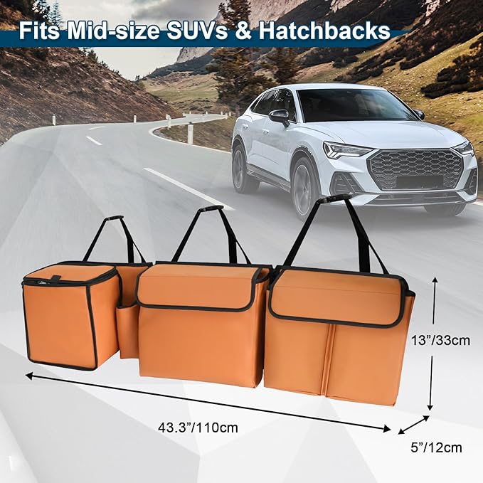 Deluxe Leather Trunk and Backseat Organizer for Car SUVs & RVs, Detachable Storage Modules with Built-in Cooler, Patent Pending (Orange)