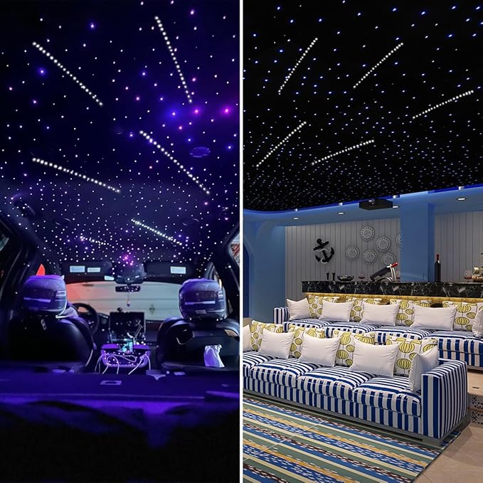 AKEPO 12W Fiber Optic Lights Twinkle+Meteor 2-in-1 APP Control Starlight Headliner Kit, 300pcs*0.03in*9.8ft+240pcs White Shooting Star Music Activated Car Home Optical Fiber Star Ceiling Lights