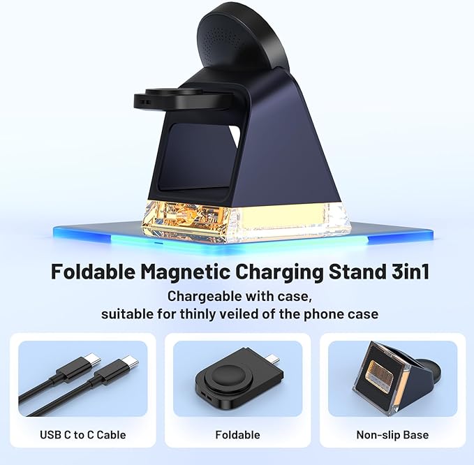 3 in 1 Fast Charging Station for Multiple Apple Devices, Portable Wireless Charger Stand with Magsafe,Magnetic Travel Charge Dock for iPhone 16e/15 Pro Max/14 Plus/13 Mini/12/Apple Watch Ultra/AirPods