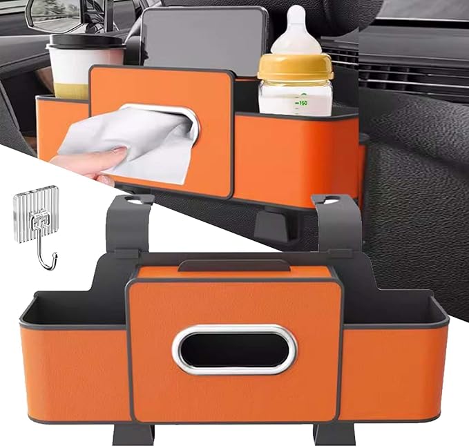 3-in-1 Car Backseat Organizer, 2026 Upgraded Multifunctional Car Seat Back Storage Box, Backseat Car Organizer with 2 Cup Holders, Tissue Box & Hooks, Universal Car Essentials (Orange)