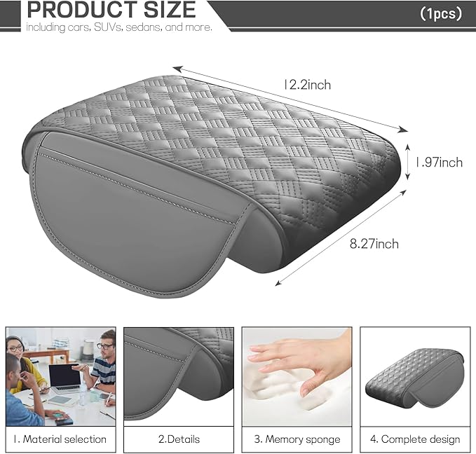 Car Armrest Cushion, 12.2"×8.3" Leather Auto Memory Foam Center Console Pad with Storage Pocket, Waterproof & Anti-Scratch Elbow Pillow Armrest Seat Box Protector, Universal Fit (Gray)