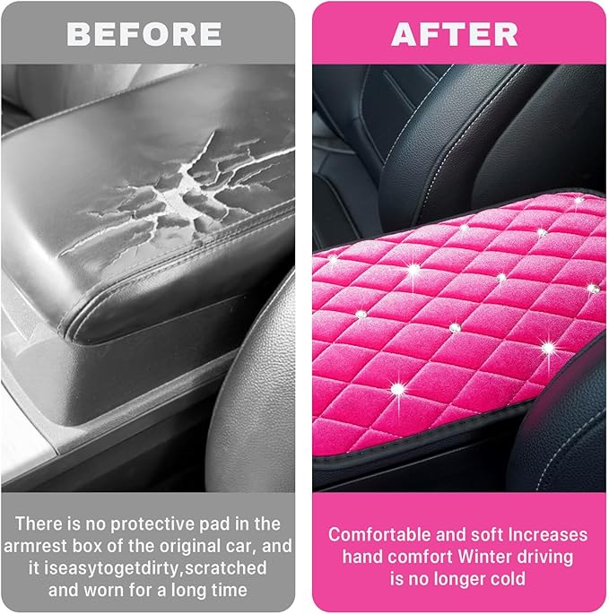 Bling Car Center Console Cover, Soft Fluffy Armrest Seat Box Cushion Pad, Crystal Diamond Arm Rest Protection Mat, Automotive Interior Decoration Accessories for Most Vehicles (Pink)