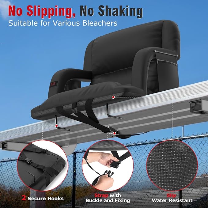 Suteck Extra Wide Heated Stadium Seats with Back Support 2 Pack, Portable Sofa Style Bleacher Chair with Back and Cushion, Armrest, Ideal for Outdoor Stadiums and Events -23" Wide