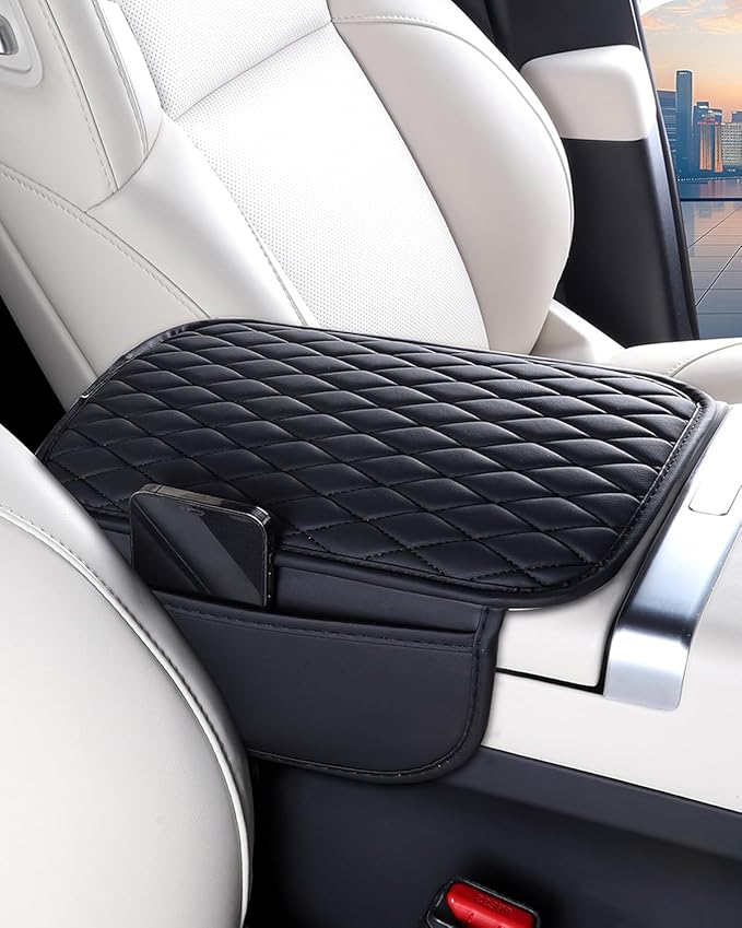 ESKONKE [Upgraded] Car Center Console Cover with 2 Storage Bags - Premium Nappa Leather Armrest Cover, Scratch & Wear Resistant, Waterproof Car Interior Accessories (Black)