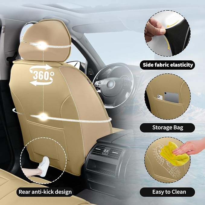 Fit Tucson Car Seat Covers Compatible with Hyundai Tucson 2010-2026, Premium Leather Breathable, Wear Resistant, Airbag Compatible, All-Weather Protection & Full Coverage, 2 Front Seat Beige