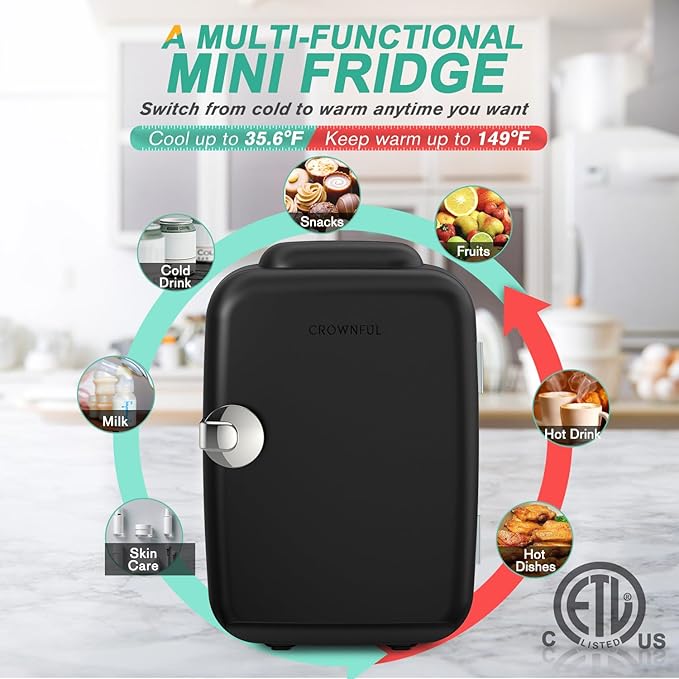 CROWNFUL Mini Fridge, 4 Liter/6 Can Portable Cooler and Warmer Personal Fridge for Skin Care, Cosmetics, Food,Great for Bedroom, Office, Car, Dorm, ETL Listed (Black)