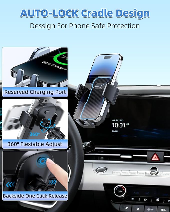 PZK Car Phone Holder for Hyundai Elantra 2021-2025 SE/SEL/Sport/Limited/N Line Accessories 8-Inch/10.25-Inch Screen Auto Lock Car Phone Mount 360° Rotation Phone Cradles Not Affect Air Vent