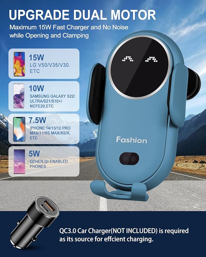 Wireless Car Charger, Phone Mount for Car Wireless Charger Smart Sensor Air Vent, Automatic Clamping Phone Holder Compatible with iPhone 14/13/12/11//XS/XR/8, Samsung S22/S21/S20/Note 20, etc Sea Blue