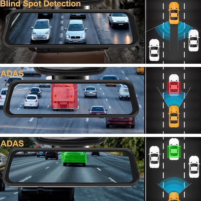 BY-J 9.66" 4K Mirror Dash Cam Front and Rear, Backup Camera for Cars, Full Touch Screen Rear View Mirror Camera, Smart Driving Assistant, Loop Recording Streaming Media
