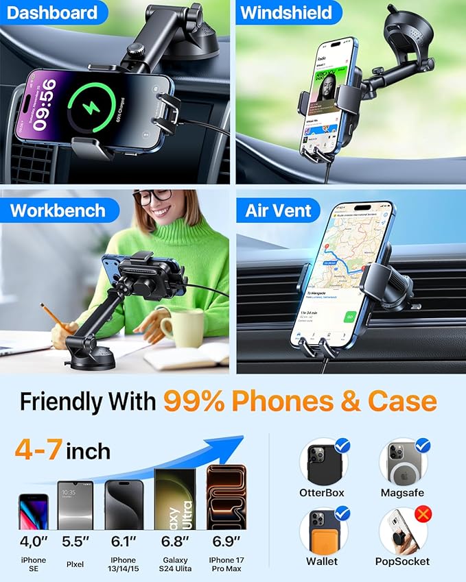 HTU 2026 Upgraded Smart Car Phone Holder Wireless Charger, 7.5W-15W Wireless Charger for Magsafe [Excellent Strudiness] One-Handed Auto Clamping, Compatible Dashboards Air Vents and Windshields,Black