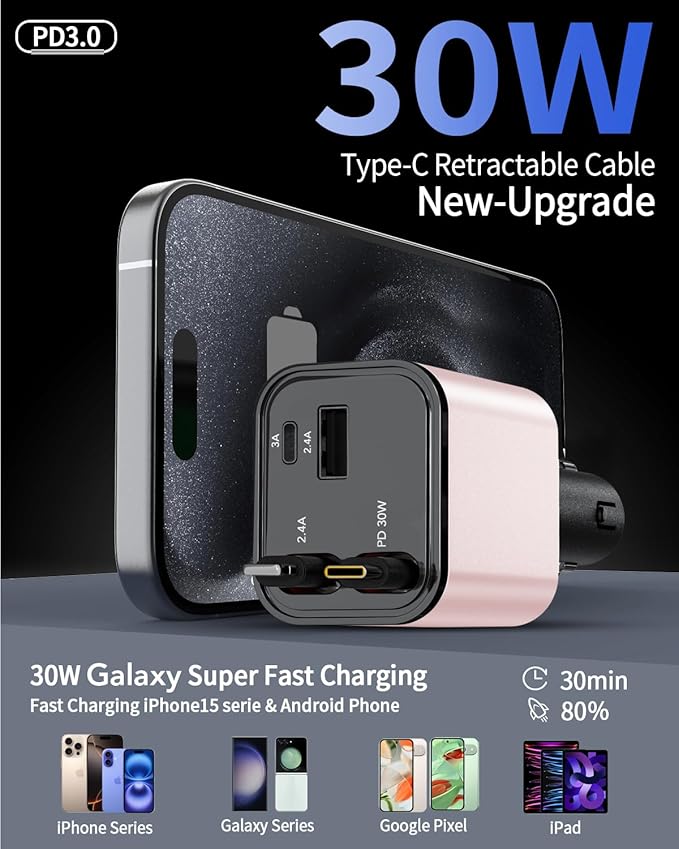 Retractable Car Charger Adapter for iPhone 17,4 in 1 Fast Charging Car Phone Charger,69W USB C Car Truck Accessories,Road Trip Essentials Gift for Men Women for iPhone 17 Pro Max/16/15/14/13/12,Galaxy