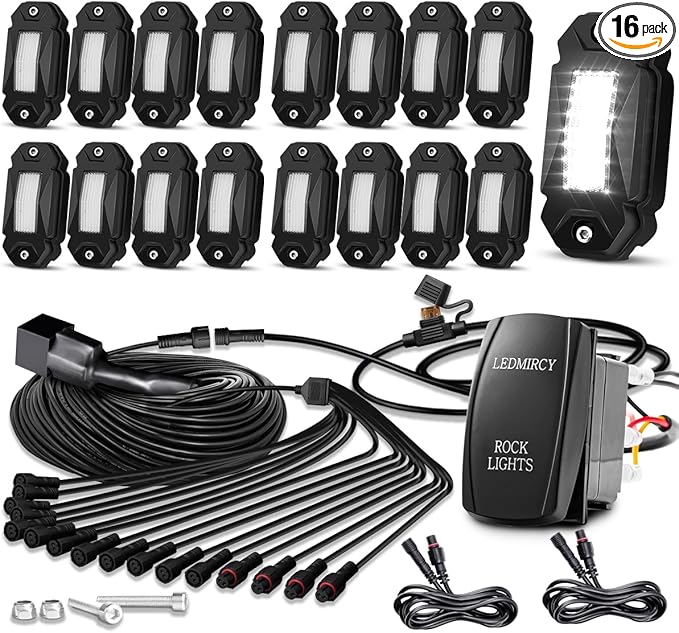 LEDMIRCY R2 Pure White Rock Lights Kit with Rocker Switch Wire Harness 16PCS Rock Lights White for Offroad Trucks ATV UTV SUV Underglow Light Trail Rig Light Under Body High Power Waterproof