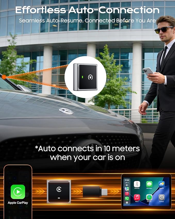 2026 Wireless CarPlay Adapter for Apple Only, Upgrade Mini Aluminium Car Play Adapter Converts Wired to Wireless CarPlay for iPhone, Plug & Play, Auto Connect Fast and Stable, with USB-C, Grey