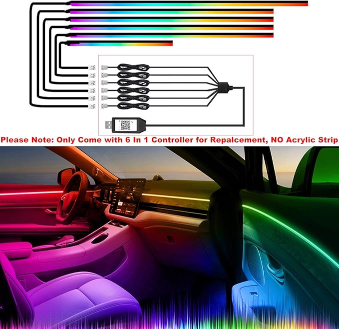 6 in 1 USB Acrylic Interior Car Lights Controller with Button Control, Dreamcolor Car Ambient Lighting Kit Replacement, Inside LED Accessories for Vehicle (Only USB 6 in 1 Controller with Button)