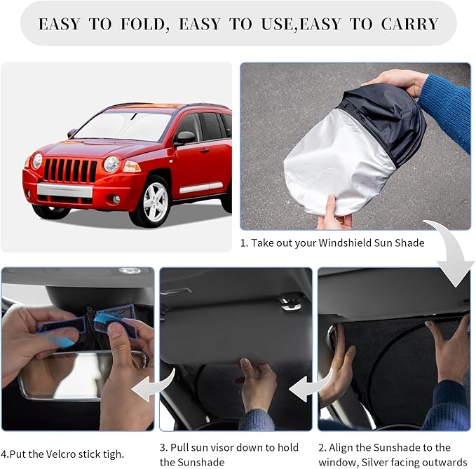 Sun Shade Sunshade for Jeep Compass 2007-2016 Windshield Cover, 4-Layer Front Window Shade Custom fit CompassSun Visor 240T Retractable Shade Shield Blocks UV Rays Cooler Car Accessories