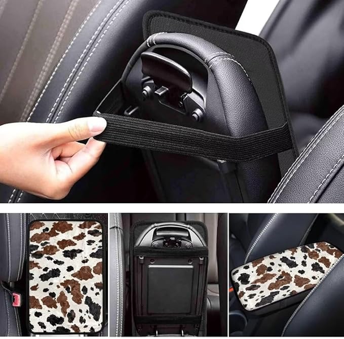 Coldinair Brown Cow Print Car Armrest Cover,Auto Center Console Pad,Soft Seat Box Cover Protector Cushion,Car Accessories Decor for Most Cars,Sedan,Truck,SUV