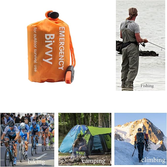 Emergency Sleeping Bags for Survival，2 Pack Bivvy Bag， Storage Bag with Whistle， Camping, Hiking Keep Warm, Outdoor Adventures