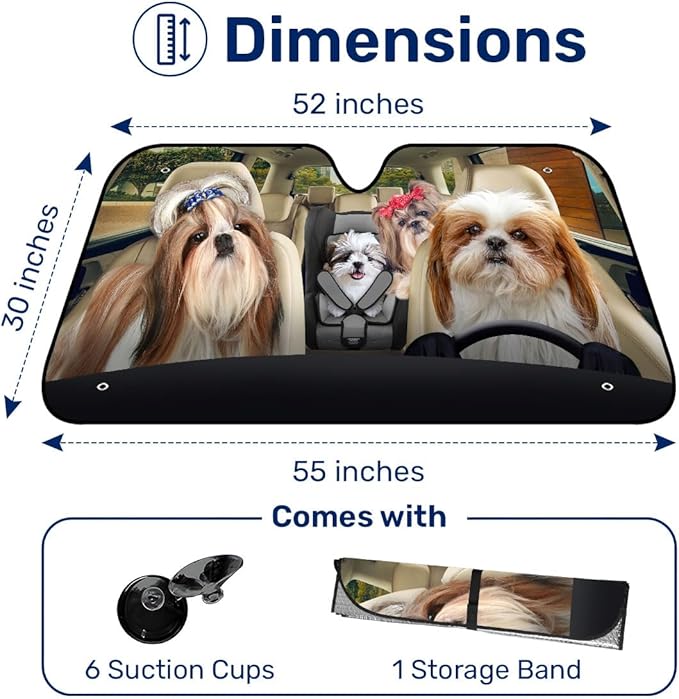 GENANY Cute Shih Tzu Dog Family Funny Windshield Sun Shade for Car SUV Truck (55x30 Inches), Sun Shade Windshield for Windows, Protector Blocks UV, Spring Car Decor