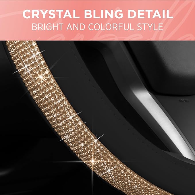 Carbella Leatherette Crystal Bling Steering Wheel Cover for Car SUV, Glitter Sparkle Rhinestone Cute Car Accessories for Women Universal Fit Standard Size (Fits 14.5"-15") - Black w/ Gold Bling