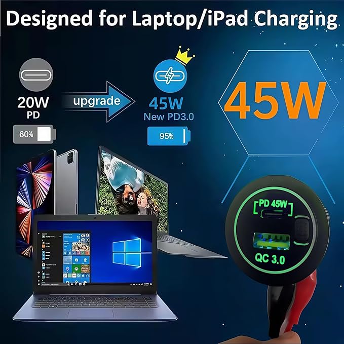 45W PD & 18W QC3.0 USB Laptop Car Charger Power Socket, Marine Type-C/USB C Port Fast Charging Adapter, 12V USB Power Outlet with ON/Off Switch Button Waterproof Cover for Boat RV Truck Golf (Green)