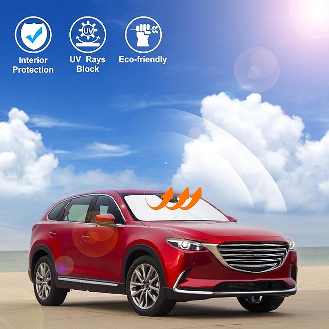Windshield Sun Shade Custom Fit for 2016-2024 2025 2026 Mazda CX-9 CX9 Accessories Foldable Sunshade Sun Blocker Protect Car from Sun Rays & Heat Damage Keep Car Cooler