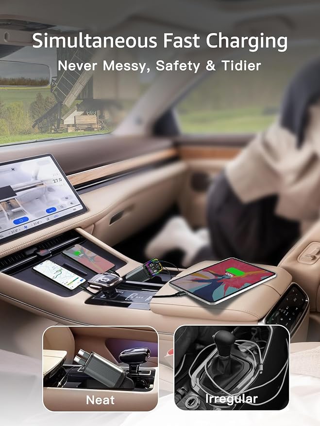 Retractable Car Charger USB C,145W Type C Car Charger Fast Charging with Dual Retractable USB C Cable and USB Ports for iPhone 17/16/15,S25/24/23/22, Pixel 9/8/7（Build-in Dual Type C Cable）