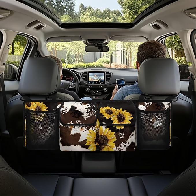 Yellow Sunflower Auto Hanging Seat Back Storage Brown Cow Spots Hanging Cargo Storage Bag for SUVs & Sedans