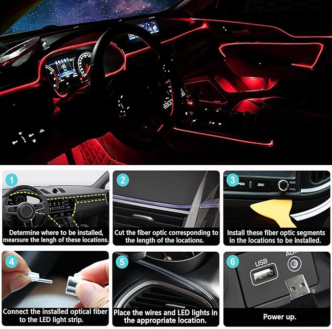 DEHERANE Interior Car LED Strip Lights, RGB 6 in 1 Ambient Lighting Kit with 315 inches Integrated Fiber Optic, 16 Million Colors Car Interior Lights with Wireless APP& Remote Control, Sync to Music