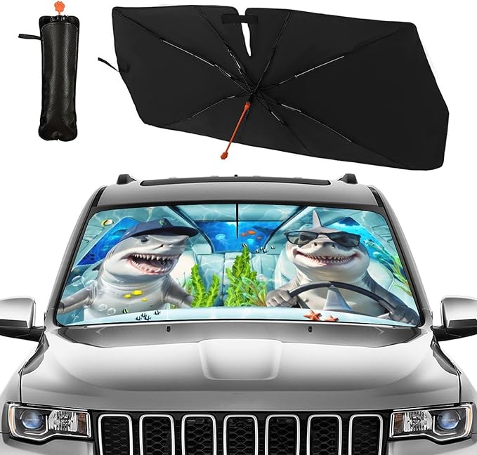 Funny Sharks Car Windshield Sunshade Umbrella Sharks Driving Sun Shade for Car Windshield Umbrella Upgraded Sunshades Blocks UV & Heat Front Window Shades for SUV Sedan Auto