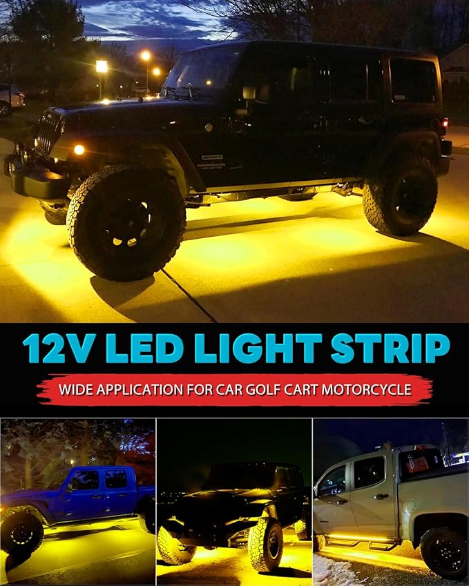 12V Led Light Strip Connectable 24Inch Amber Led Strip Lights for Car Underglow Kit Golf Cart Motorcycle Boat Cabinet Waterproof Led Light Strip,4Pack