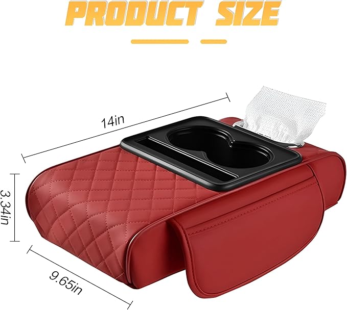 Zpana Car Center Console Armrest Pillow, Memory Foam Leather 4 in 1 Vehicle Arm Rest Cover with Tissue Box 2 Side Storage Bag Cup & Phone Holder, Auto Armrest Cushion, Universal Fit (Wine Red)